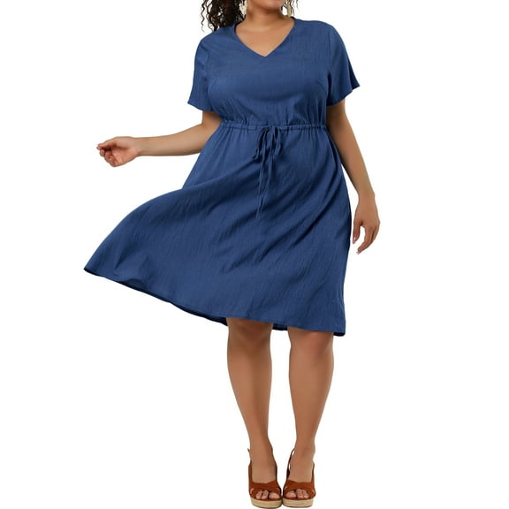 Agnes Orinda Women's Plus Size A Line Midi Dress Elastic Waist V Neck Short Sleeve Chambray Denim Dresses 1X Dark Blue