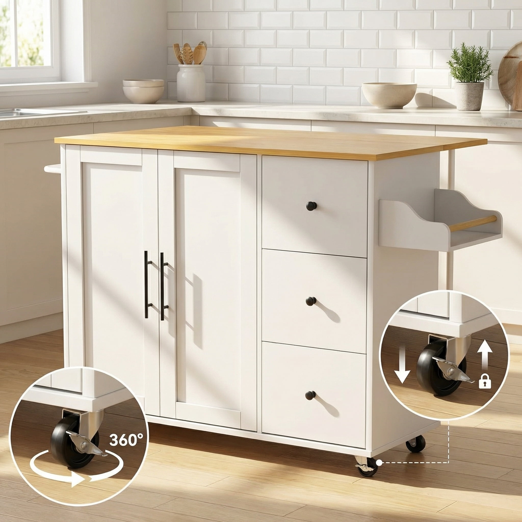 Rolling Kitchen Island Cart with Drop Leaf – Expandable White Cart with Drawers, Spice Rack & Towel Holder