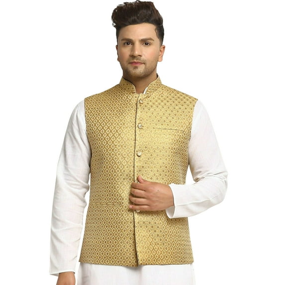 Men Designers Gold 2 Nehru Jacket Indian Traditional Bollywood Style Brocade Woven Embellishe, Size: 50