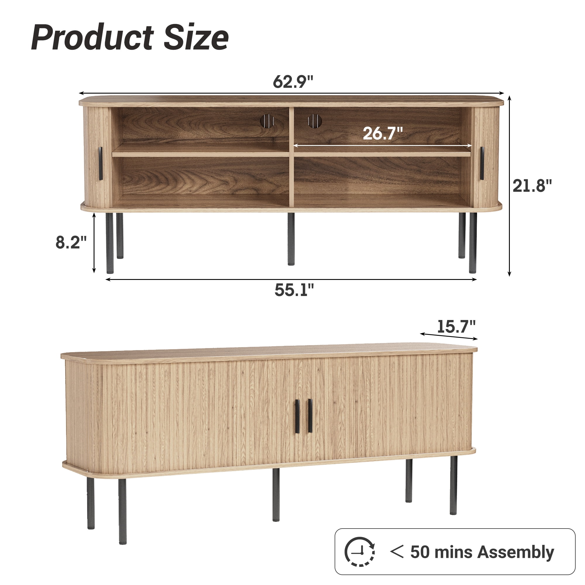 VEANERWOOD 63" TV Stand for 70" TV, Wood Entertainment Center with Storage and Shelves, 2 Sliding Tambour Doors, Mid-Century Modern,Natural