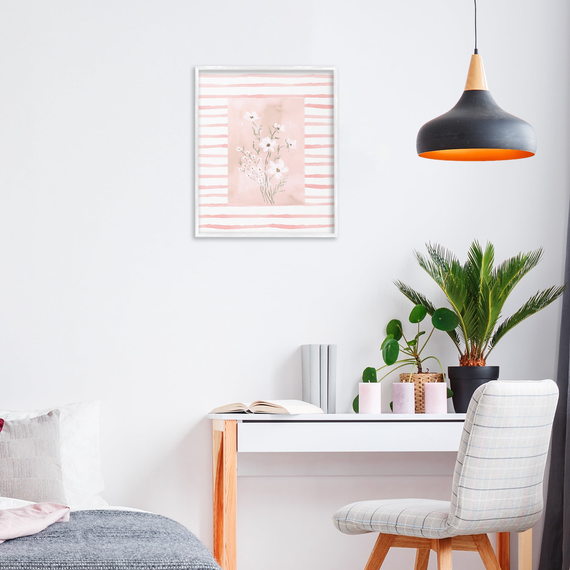 Stupell Industries White Cosmos on Pink Stripes White Framed Giclee Art, design by Lucille Price
