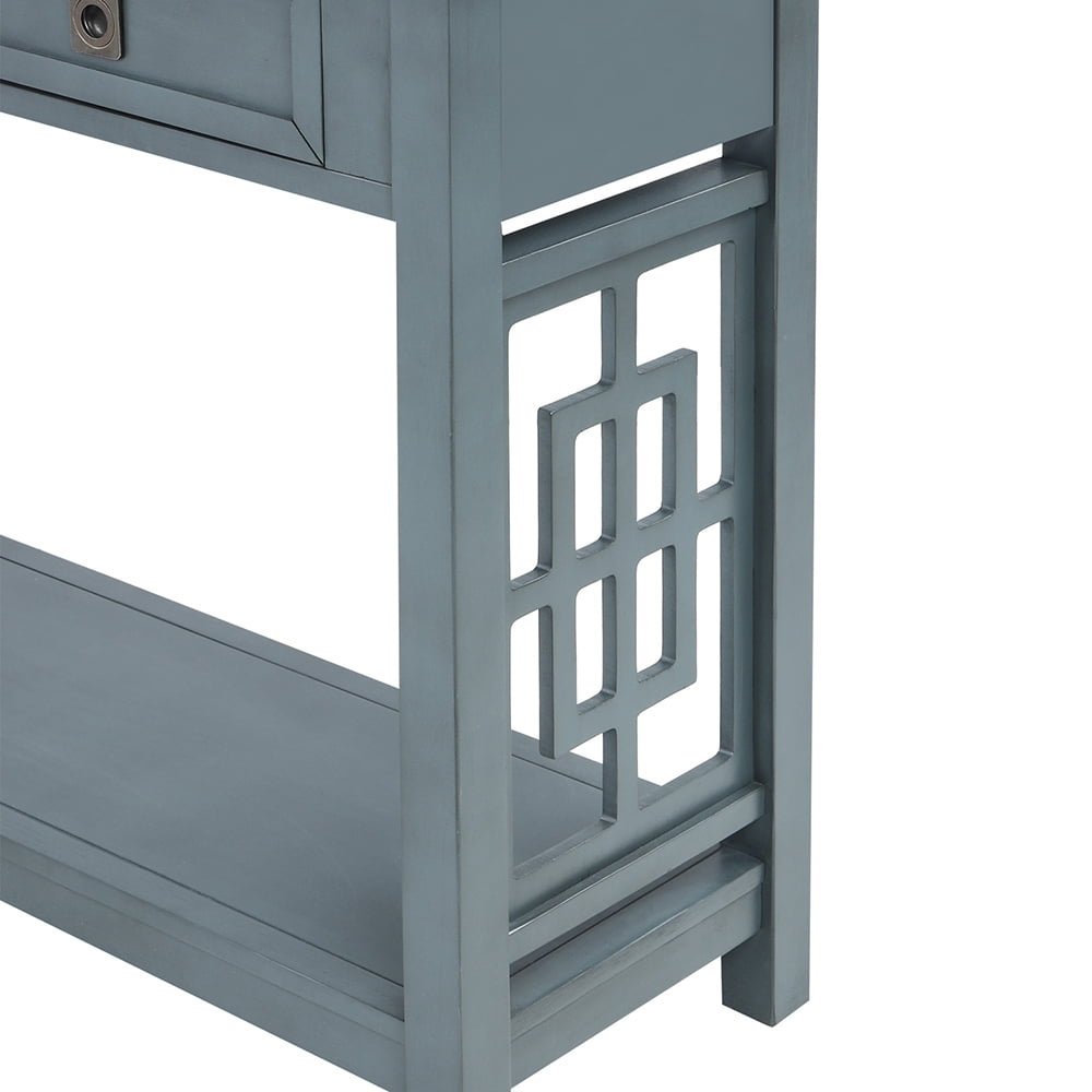 Lowestbest Side Console Table, Solid Wood Console Sofa Table with Bottom Shelf, Entryway Accent Sofa Table with 2 Drawers, Blue