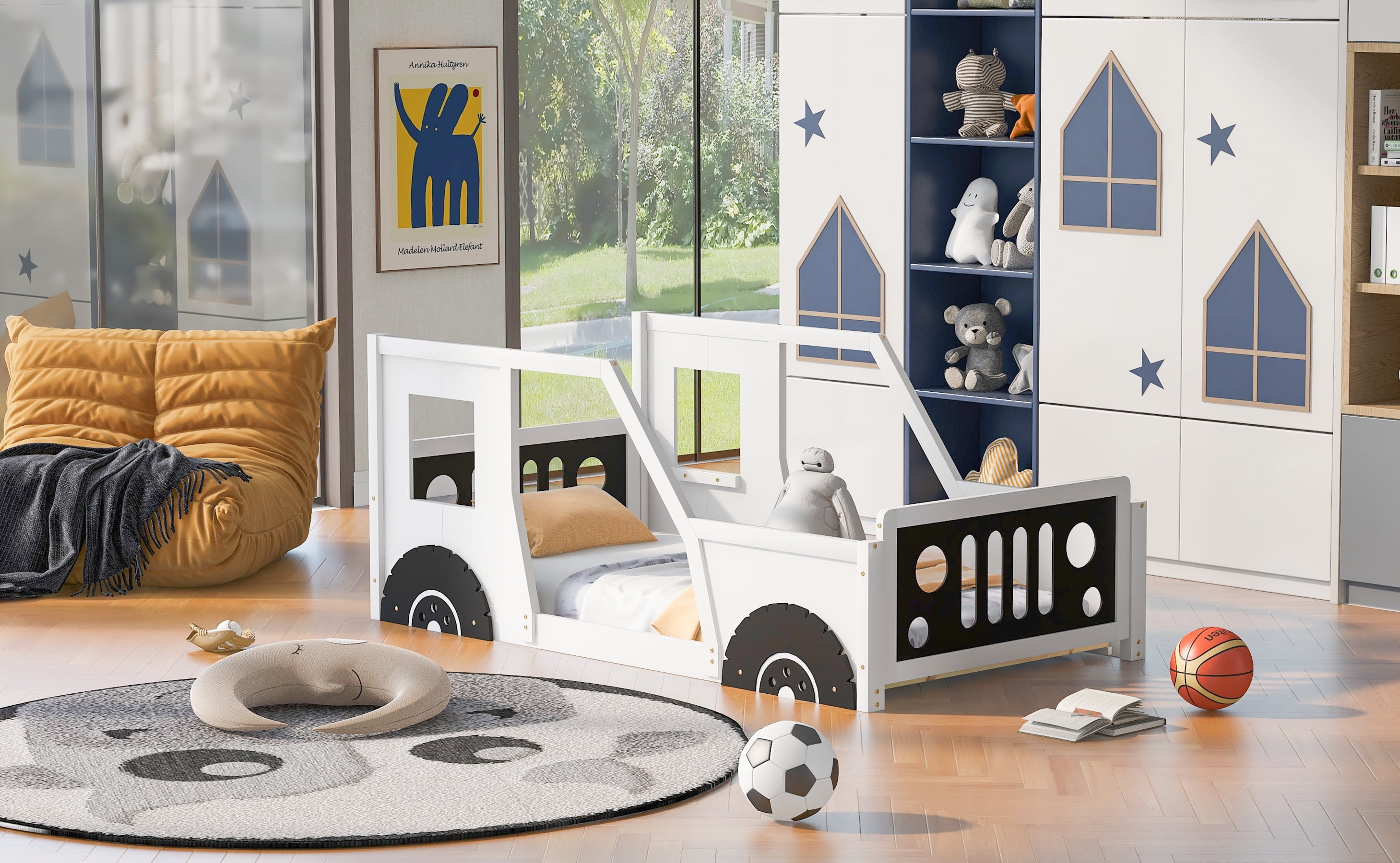 Harper & Bright Designs Twin Size Car-Shaped Platform Bed with Wheels, Wood Car-Bed Low Floor Bed Frame with Headboard and Footboard, White White