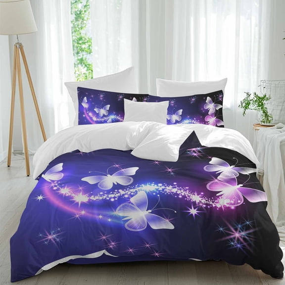 Purple Butterfly Queen Size Comforter Set, Gradients Fantasy Shiny Bedding for All Seasons, 4 Pcs Bed Set, 1Quiltcover (90"x92") ,1Sheet(94"x116"), 2Pillowcases (30"x20")