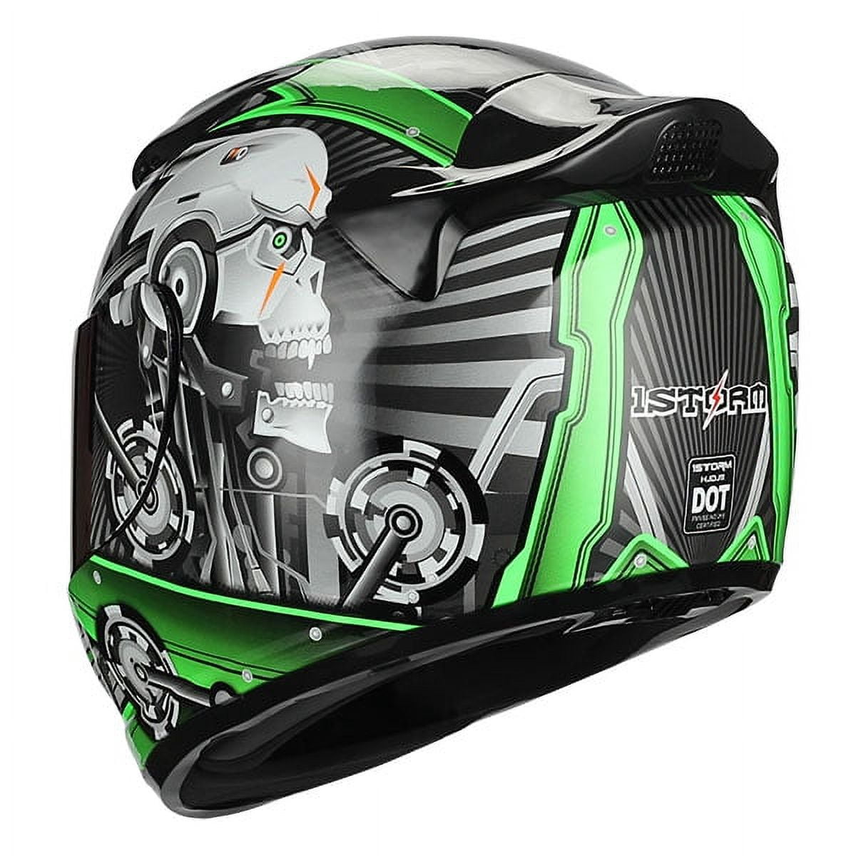 1Storm Motorcycle Bike Full Face Helmet Mechanic HJDJ11 + Motorcycle Bluetooth Headset: Skull Green