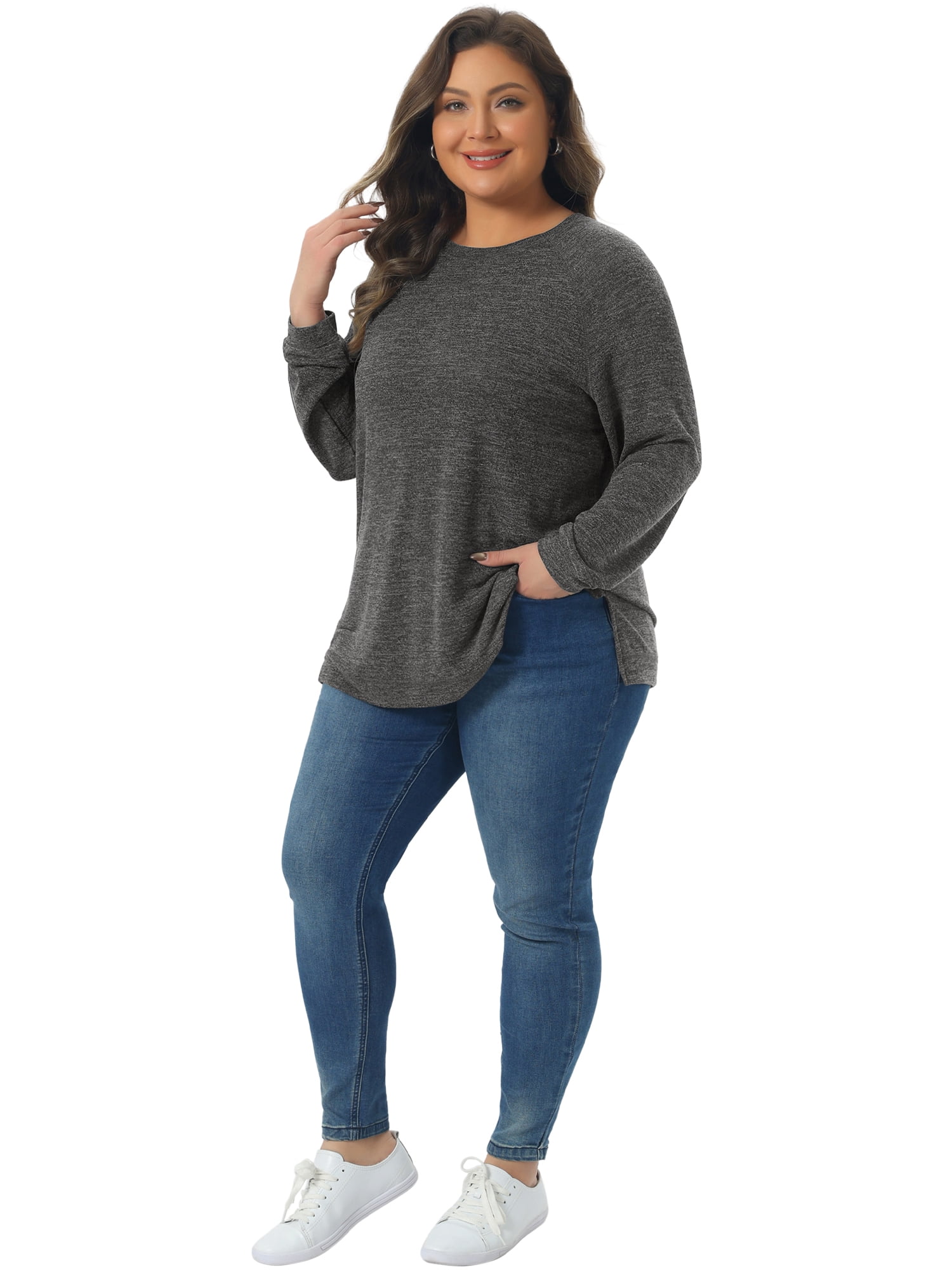 DARING DIVA Women's Plus Crew Neck Casual Pullover Knit Blouse Top 2X Black Gray