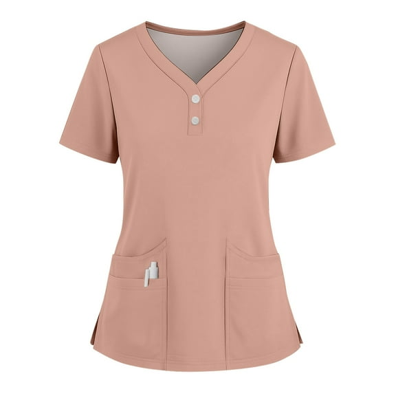 Women's V-Neck Scrub Top with Side Buttons - Short Sleeve Side Slit Tee, Quick Access for Nurses & Medical Professionals | Scrub Tops Women, Scrub Tops Watermelon Red L