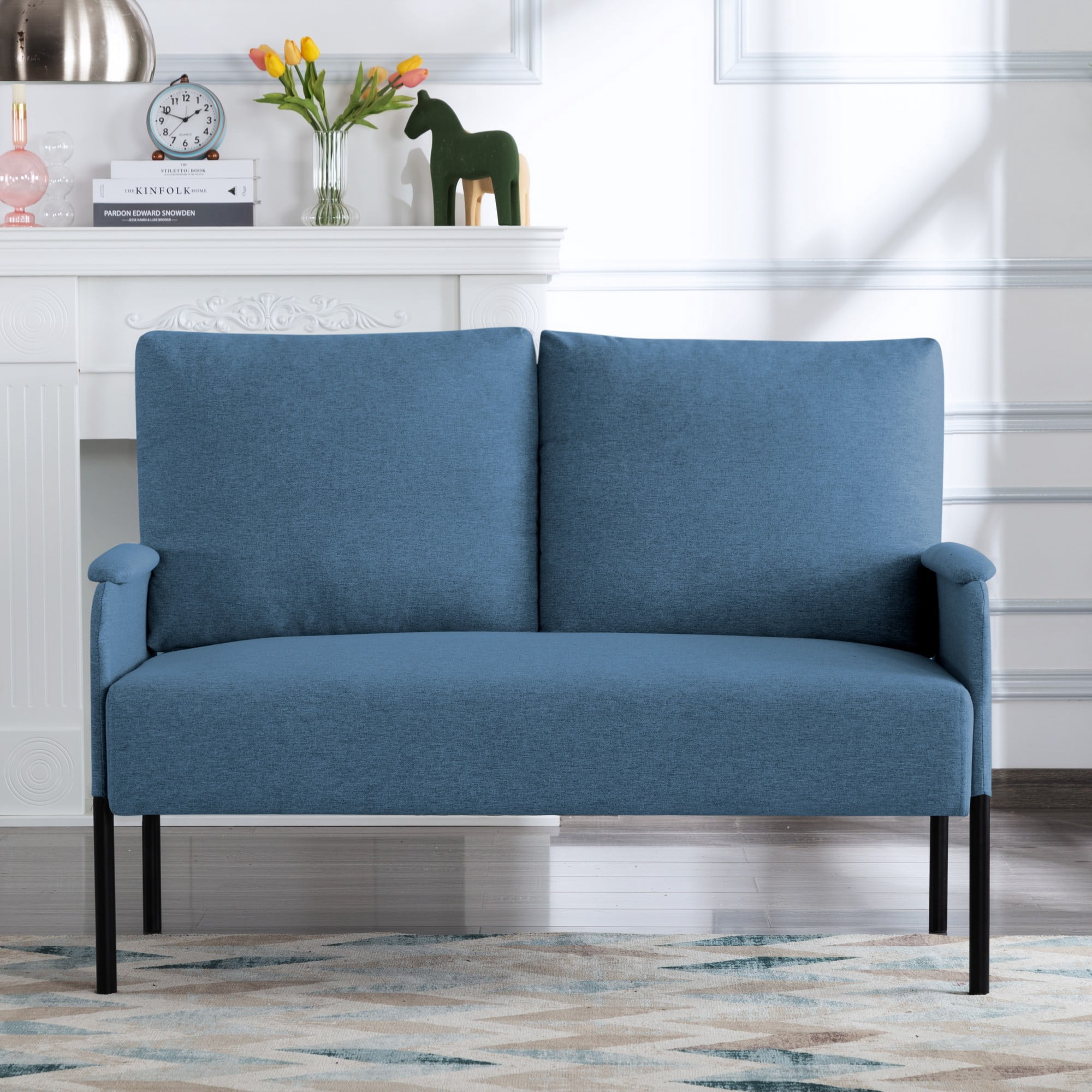 Gewnee Blue Linen Blend 45.7” Metal Frame Loveseat, Small Space 2-Seat Sofa with Removable Cushion
