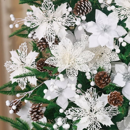 Ayieyill 56Pcs Poinsettia Christmas Flowers Decorations Christmas flower ornaments White Christmas Flowers Christmas Pine Cones Christmas Tree Ornaments Christmas Tree Decorations