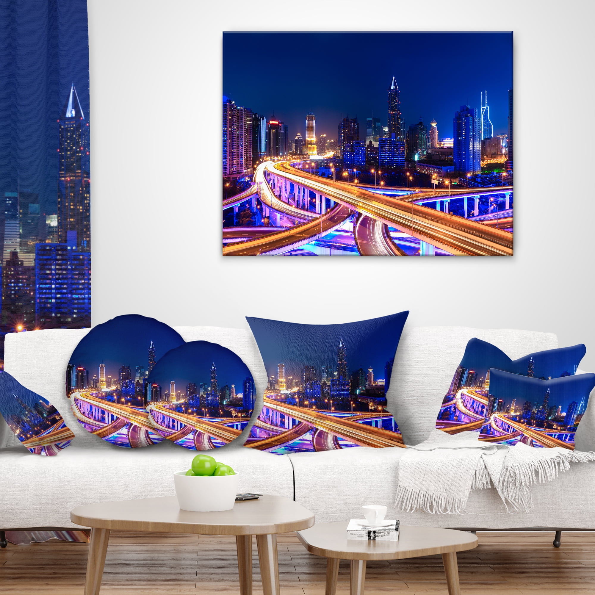 Designart Interchange Overpass at Night Skyline - Cityscape Throw Pillow - 16x16