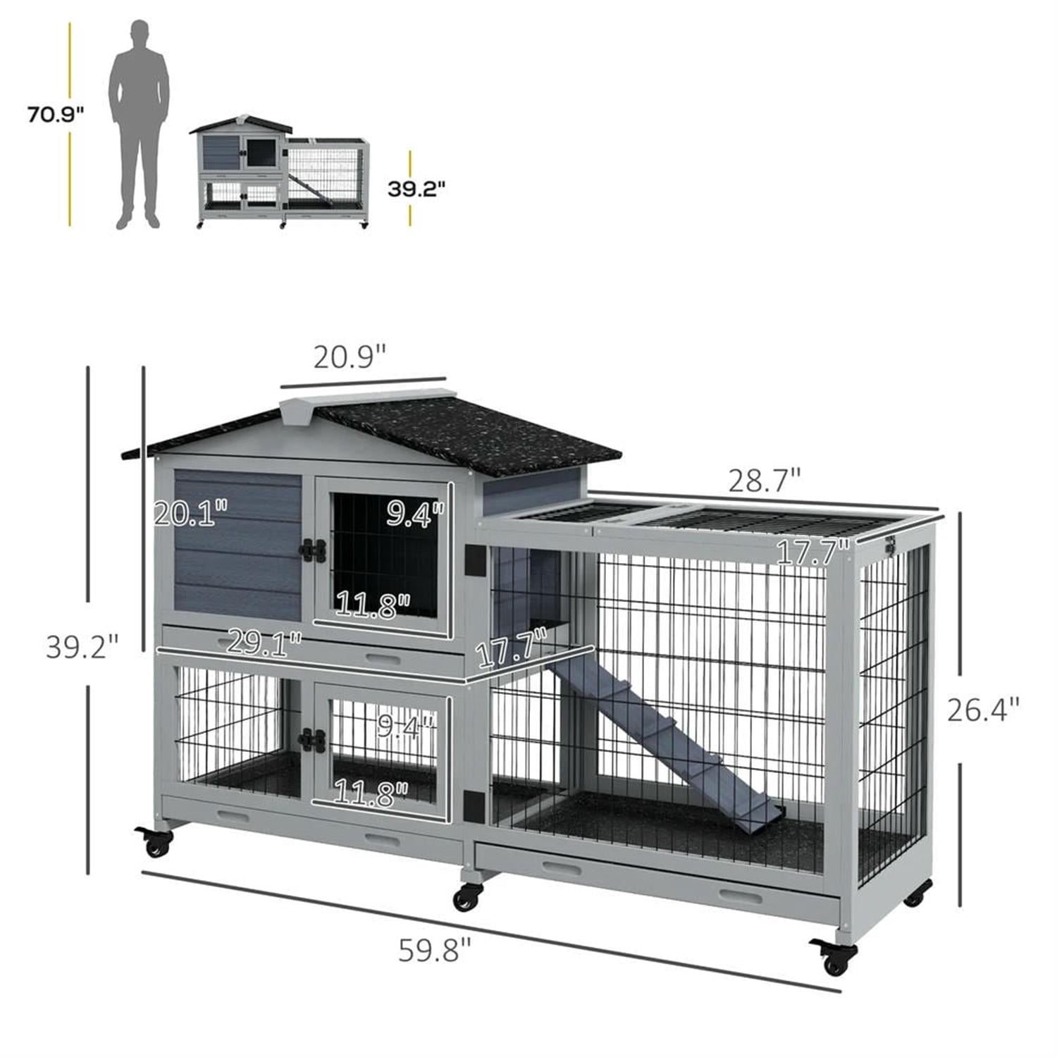 Kadyn 62" 2-tier Wooden Rabbit Hutch with Wheels and Slide-out Tray, Outdoor Small Animal Habitat Chicken Coop Bunny Cage for Bunnies, Guinea Pigs, Gray