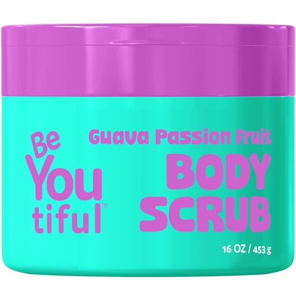 BeYOUtiful Exfoliante corporal de guayaba y maracuyá para niños y adolescentes Exfoliante suave con azúcar, aceite de karité y almendras dulces sin crueldad, 16 oz