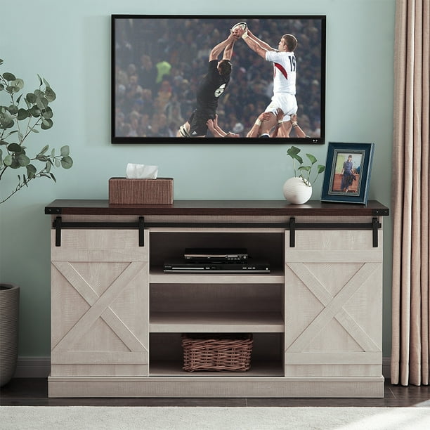Seventh Farmhouse Sliding Barn Door Tv Stand For Tvs Up To 60 Living Room Storage Cabinet Doors And Shelves Entertainment Center Console Table Décor Off White Q506 Seventh Farmhouse Sliding Barn Door Tv, Tv Stands With Cabinet Doors