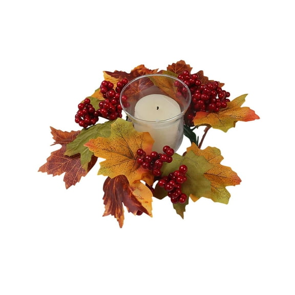 Fall Candle Rings Pumpkin Maple Leaf Berries Wreaths, 2.8 Inch Center Orange Artificial Sunflower Candle Ring Holder Mini Floral Wreath for Thanksgiving Autumn Harvest Table Decor (A)