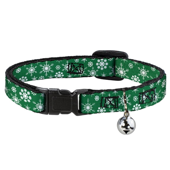 Buckle-Down Breakaway Cat Collar With Bell, Plastic Clip, Easy Adjustable, Snowflakes Green White, 8.5 to 12 Inches 0.5 Inch Wide