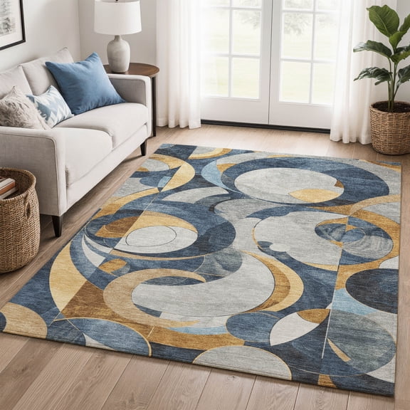 Addison Rugs Mayfield Premium Machine Washable Transitional Geometric Blue Rectangle Rug, 10' x 14'