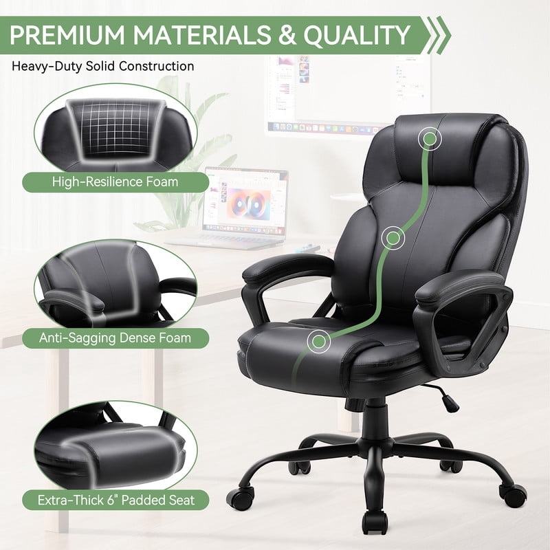 Walsunny Leather Chair, Big and Tall Executive Office Chair, High Back Ergonomic Desk Chair, Adjustable Leather Office Chair with Lumbar Support Black