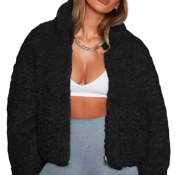 Womens Fleece Full-Zip Jacket Long Sleeve Coat Soft Warm with Pockets Black L