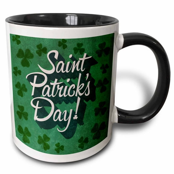 3drose, St. Patricks Day Typography with Shamrock, 11oz Two-tone Black Mug