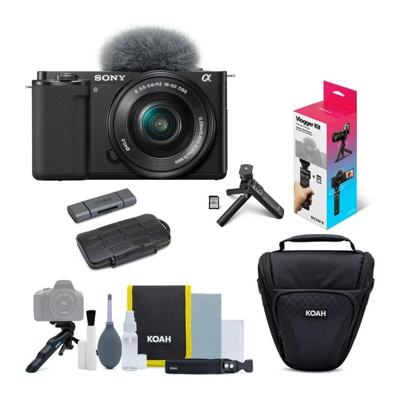 Sony Alpha ZV-E10 APS-C Interchangeable Lens Mirrorless Vlog Camera with 16-50mm Lens (Black) Bundle with Sony Vlogger Accessory Kit, Holster Camera Case, and 2-In-1 Dual Slot SD Card Reader (4 Items)
