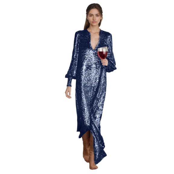 CAIXIA Mother Of The Bride Dresses Elegant Sparkling Sequin Long Sleeve Slit Dress For Women Fall Winter Loose Fit Comfortable Party And Daily Wear
