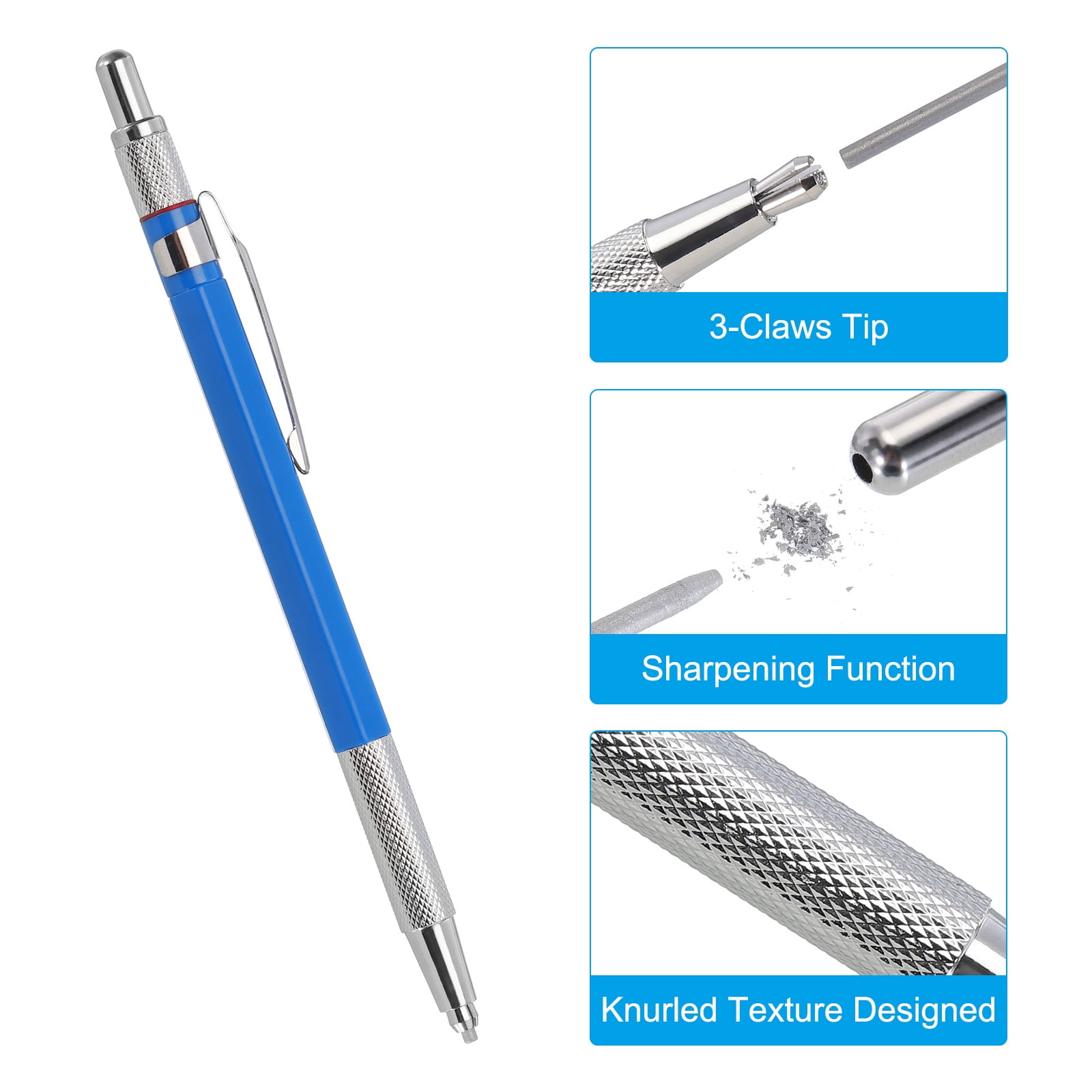 Uxcell 4 Pack Mechanical Pencil with 48Pcs Multicolor Refills, Pencil with Built-in Sharpener and Claw Tip, Blue