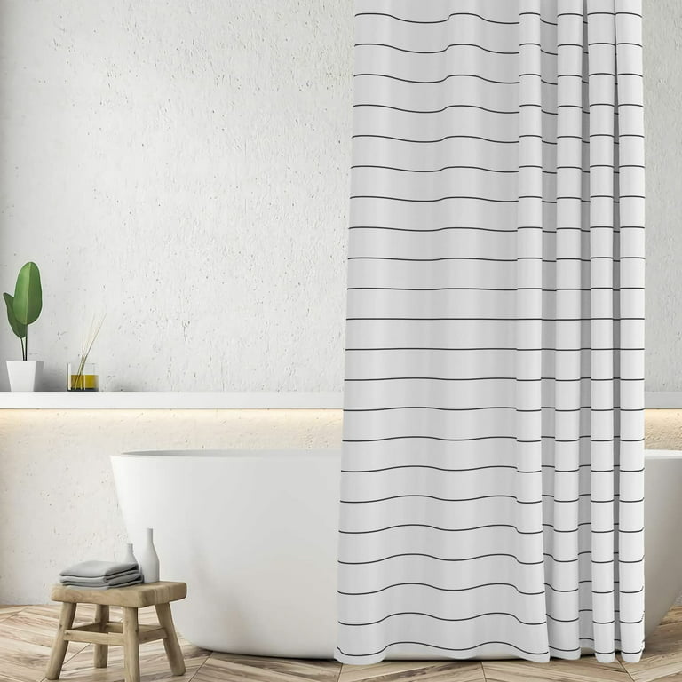 White and Black Shower Curtain with Black Stripes Fabric Shower