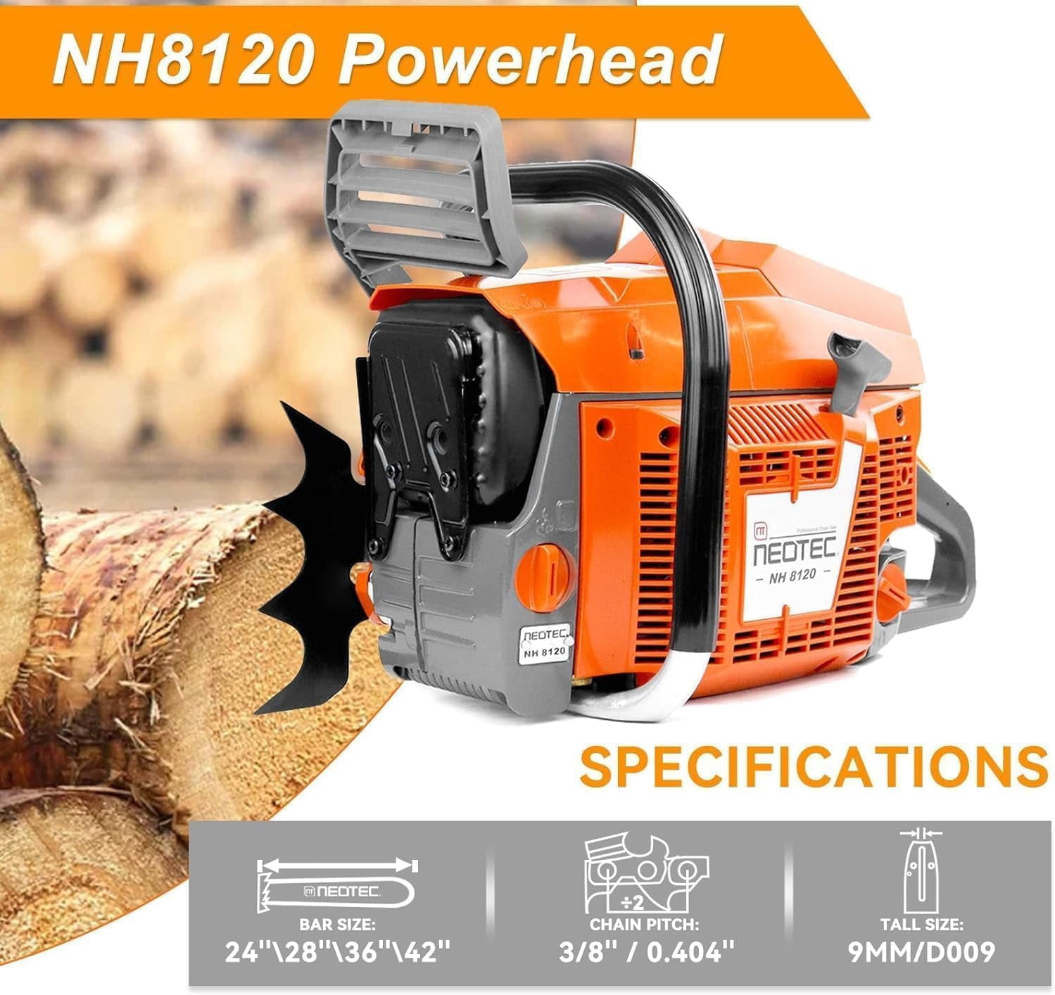 120cc Gas Powered Chainsaw 42 Inch Bar 8.4HP 6.2KW 2-Cycle Large Engine Gasoline Saw for Tree Cutting Firewood Logging Farming Ranching Land Clearing Timber Harvesting Heavy Duty Professional Motosi