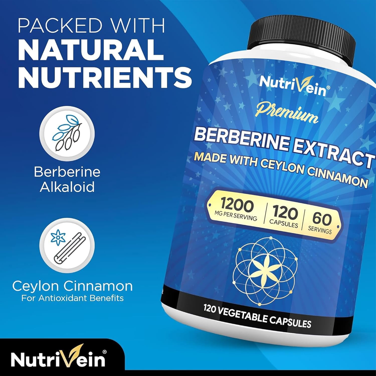Nutrivein Berberine With Ceylon Cinnamon - 1200 Mg, Vegan - 120 Capsules