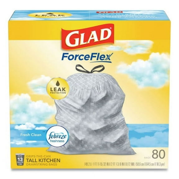 Glad ForceFlex Kitchen Drawstring Trash Bags, 13 gal, Fresh Clean Scent, 24" x 27.38", White, 80/Box, Each