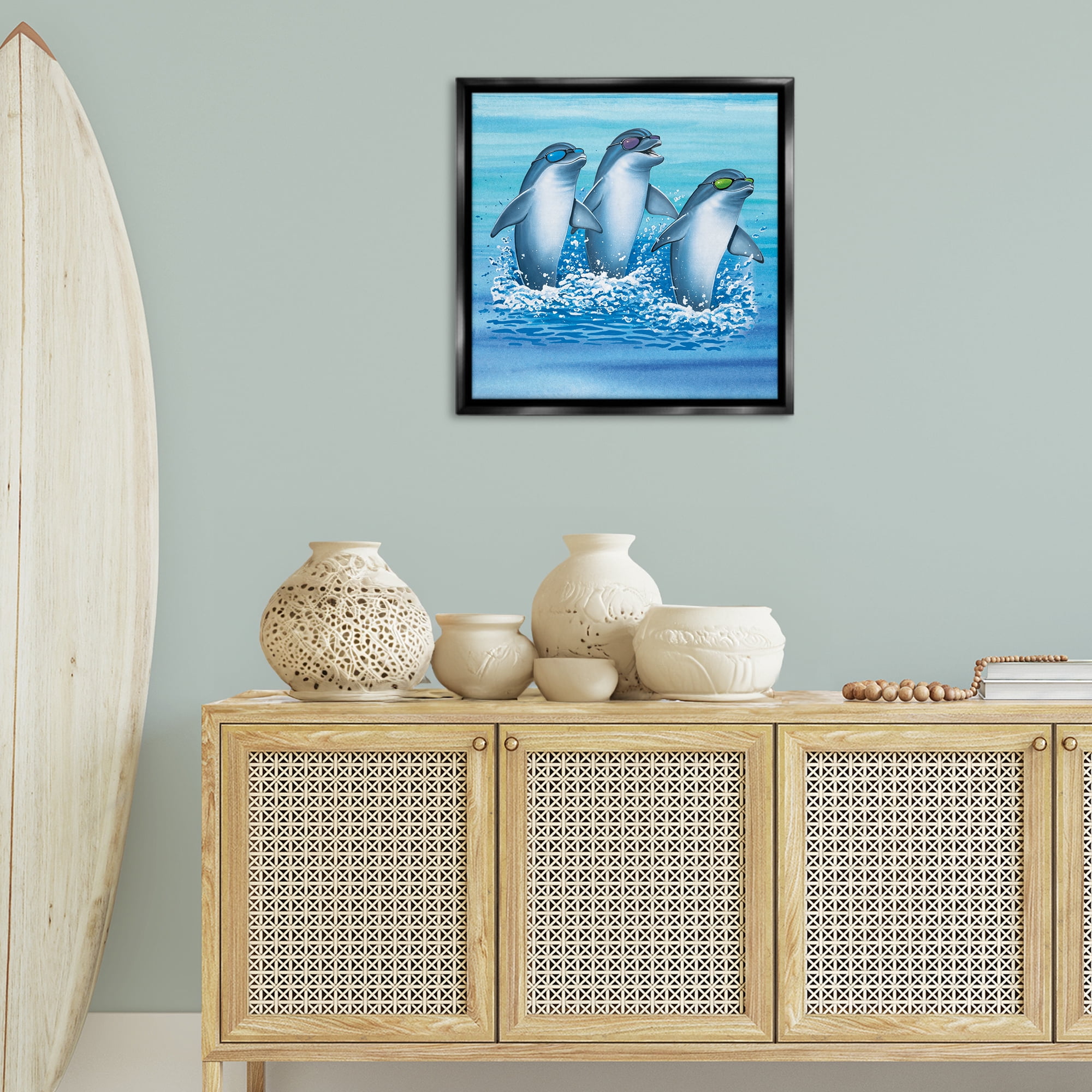 Stupell Industries Cool Dolphins Trio Animals Painting Black Floater Framed Canvas Art Print Wall Art, 25 x 25