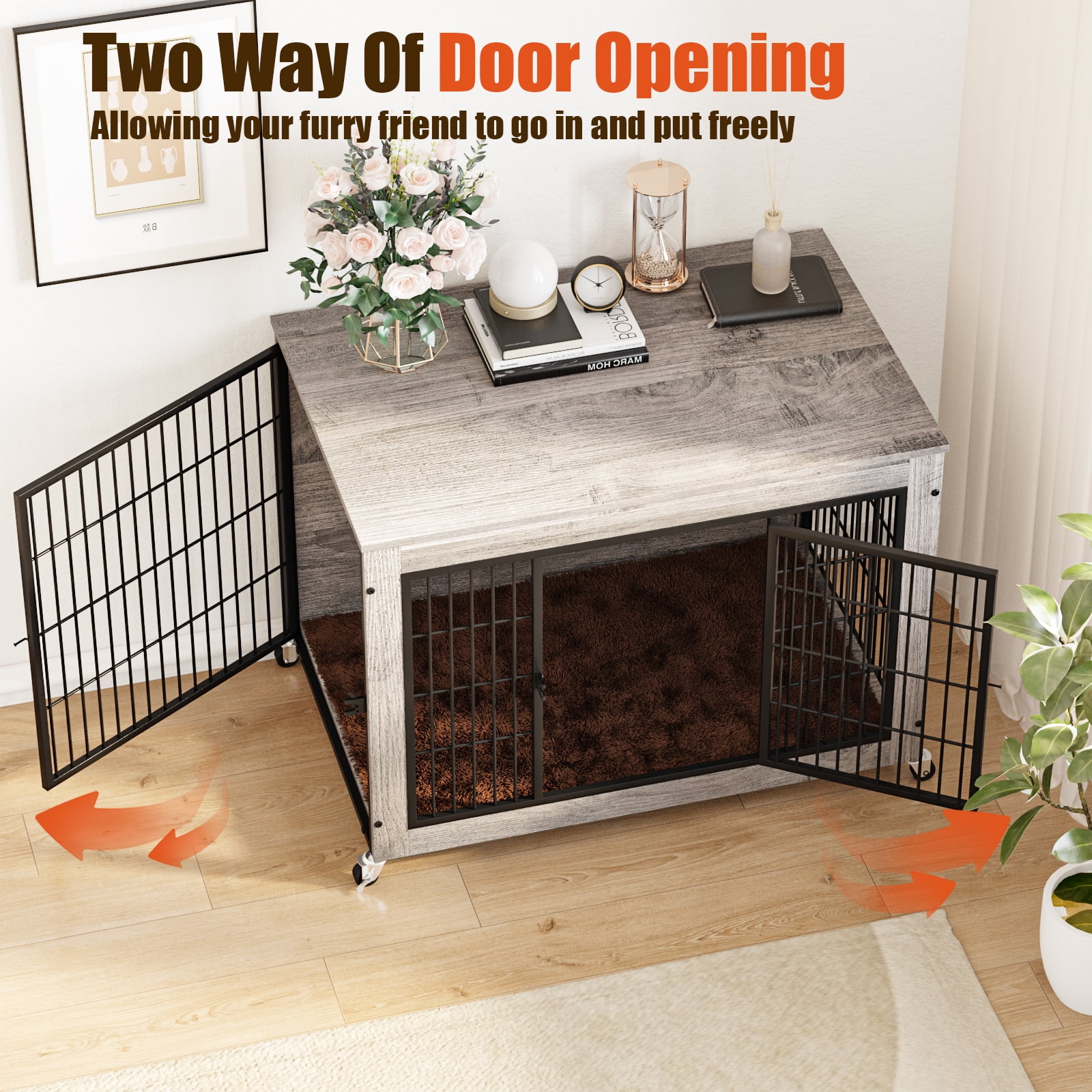 Waleaf Dog Crate Furniture with Cushion, Double Doors Wooden Dog Kennel Indoor with Wheels