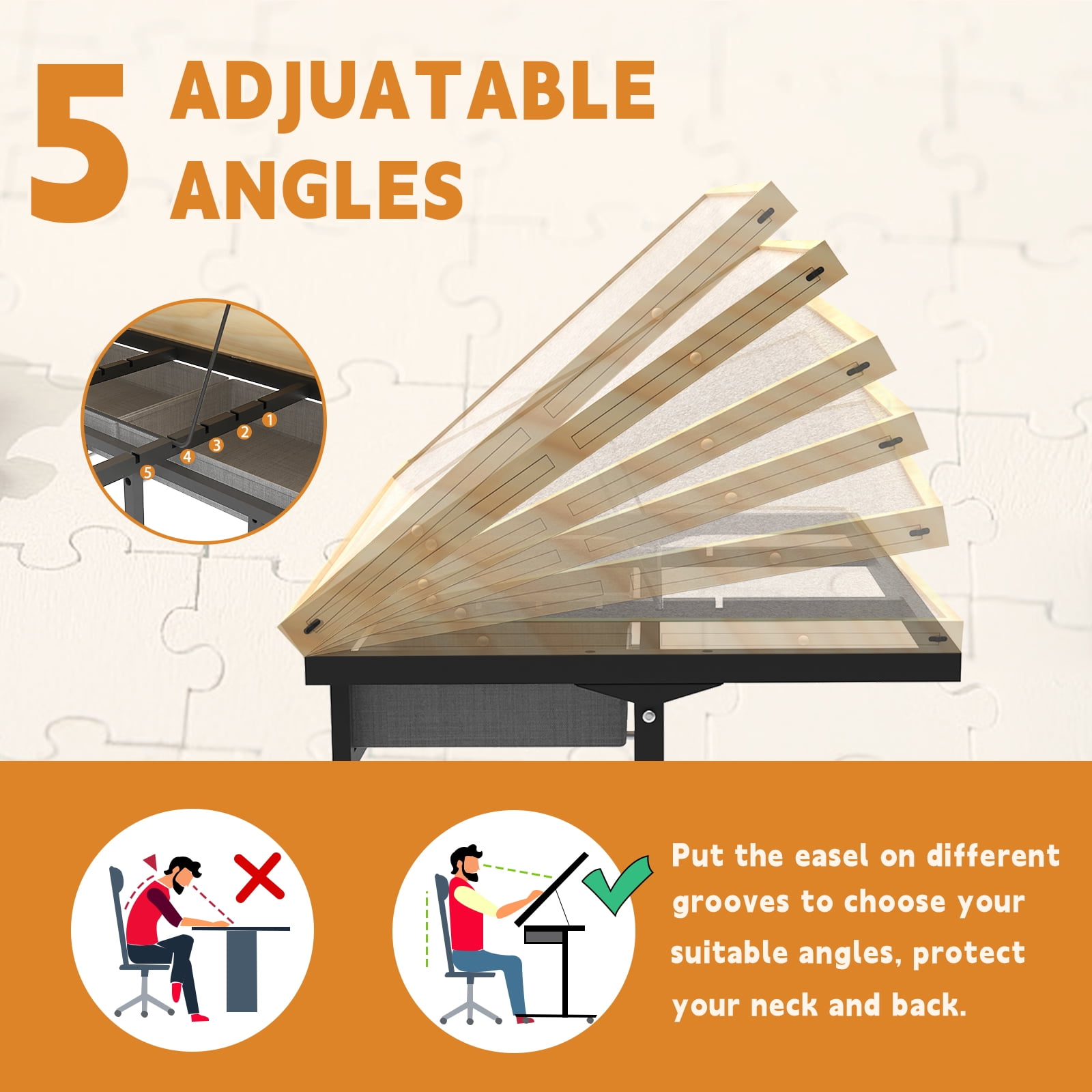 Jigsaw Puzzle Table 1500 Pieces with Drawer and Legs, Five Tilt Angle Adjustable, Portable Puzzle Table for Adults with Protective Cover, Natural Wood