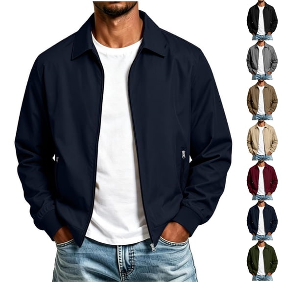 Qwertyu Men's Bomber Jacket Lightweight Casual Collared Winter Zip Up Windbreaker Coat Fall Winter Wear Navy M