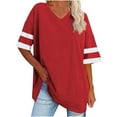 thumbnail image 2 of Summer Saving Wycnly Womens Blouses and Tops Dressy Fashion Button up Comfy Breathable Oversized Tshirts Summer Color Block V-Neck Short Sleeve Cute Tees Tops Red s, 2 of 5
