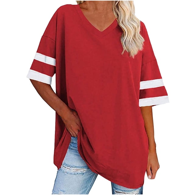 Ersazi Mode pour Femmes Chandail à Col en V à la Mode pour Femmes avec Manches Courtes Chemise Décontractée Ample en Liquidation Rouge Chemises pour Femmes Manches Courtes m