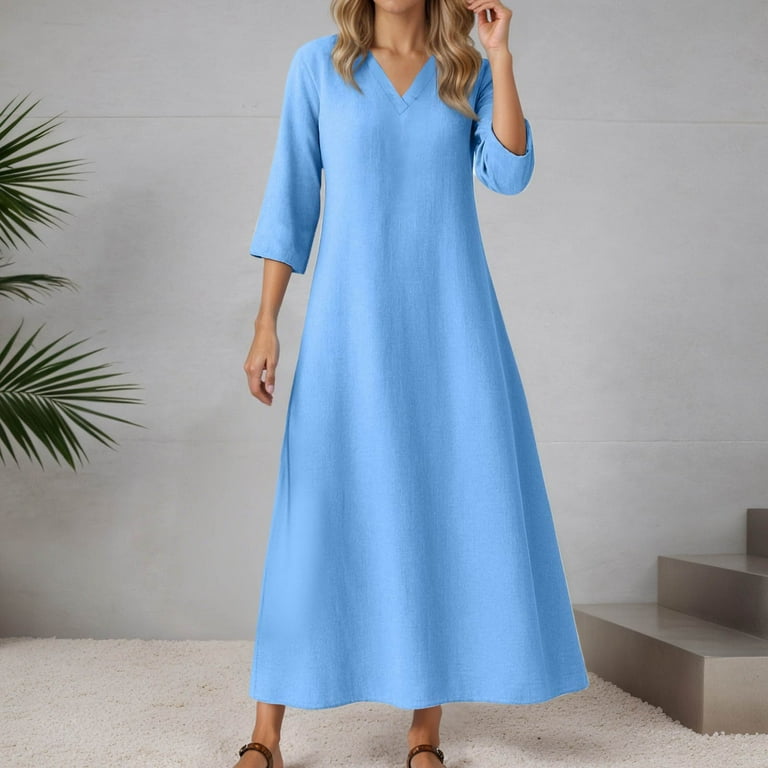 LIIPEE Women Dresses Solid Color Loose 3/4 Sleeve V Neck A-Line Midi Sundress Woman Stylish Birthday Wedding Weekend Dress,Sky Blue,S - Walmart.com LIIPEE Women Dresses Solid Color Loose 3/4 Sleeve V Neck A-Line Midi Sundress Woman Stylish Birthday Wedding Weekend Dress,Sky Blue,S - Walmart.com