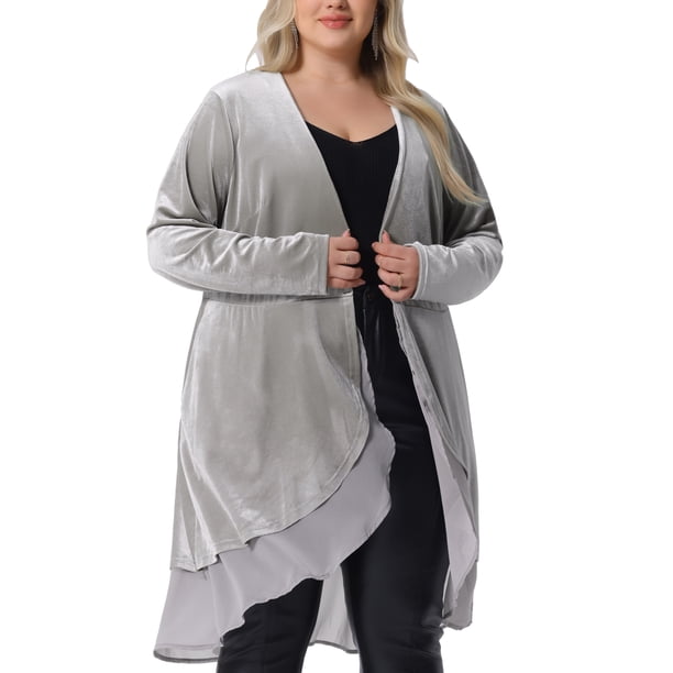 Cárdigan de mujer plus size Agnes Orinda con volantes, asimétrico, de frente abierto, chaquetas largas de terciopelo 2X plateado