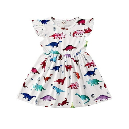

Kids Baby Girl Summer Dress Ruffle Sleeve Dinosaur Printed Swing Sundress Princess Party Dresses