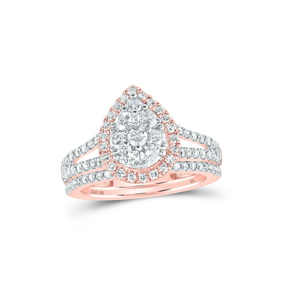 10kt Rose Gold Round Diamond Teardrop Bridal Wedding Ring Band Set 1 Cttw