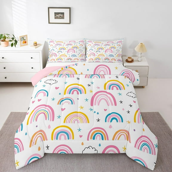 Manfei Colorful Rainbow Bedding Comforter Set,Fairy Tale Theme Twin Comforter Sets,Cute Stars Hreart Print Bedding Set For Girls,Luxury Bedroom Decor Reversible,2pcs