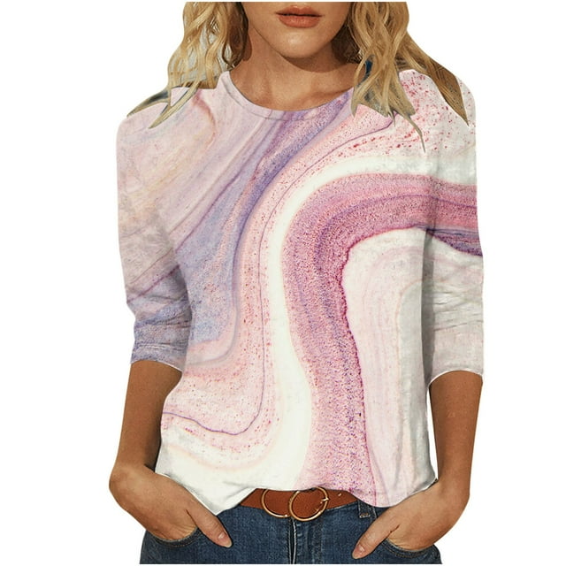 FAIWAD Femmes Bloc de Couleur 3/4 Chemises Col Rond Blouses Décontractées Élégantes Grande Taille Tunique de Sortie