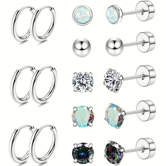 8Pairs Surgical Stainless Steel Earrings for Sensitive Ears Small Opal Ball CZ Flat Back Stud Earrings Hypoallergenic Hoop Earrings for Women Men 20G Cartilage Earrings