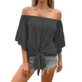 thumbnail image 2 of TODOZO Strapless Tops for Women Beach Vacation T Shirts Fashion Outfits Summer Tops for Women 2025 Off The Shoulder Tops Women Summer 3/4 Bell Sleeve Tie Knot Boho Shirt Blouses Black L, 2 of 4
