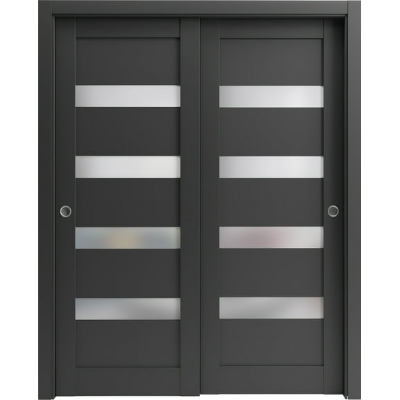 Sliding Closet Bypass Doors 48 x 80 inches | Quadro 4113 Matte Black Frosted Glass | Sturdy Rails Moldings Trims Hardware Set | Wood Solid Bedroom Wardrobe Doors