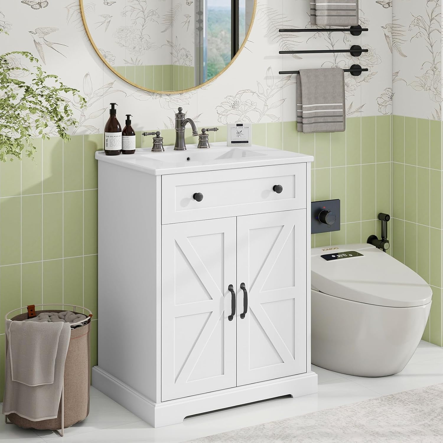 VEANERWOOD 24" Bathroom Vanity with Sink Set, Farmhouse Bathroom Cabinet with Flip Drawer and Doors, White