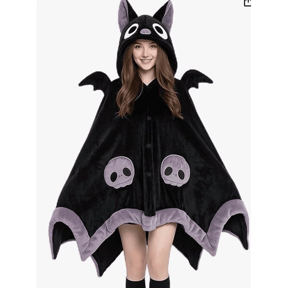 Bat Blanket Hooded Cape, Fluffy Bat Hoodie Onesie Wearable Throw Blanket, Halloween Skull Bat Wing Wrap