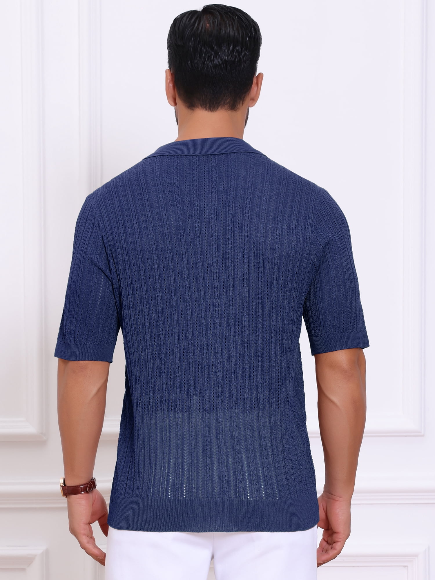 DARING DIVA Men's Striped Summer Short Sleeve Knitted See Through Shirts S Dark Blue