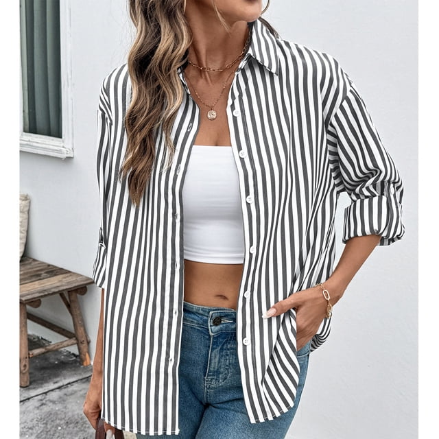 WRKEKC Breathable Stripe Overshirt for Women, Long Sleeve Lightweight Shacket with Button Closure and Utility Pockets, Resort Style Essential Black XL