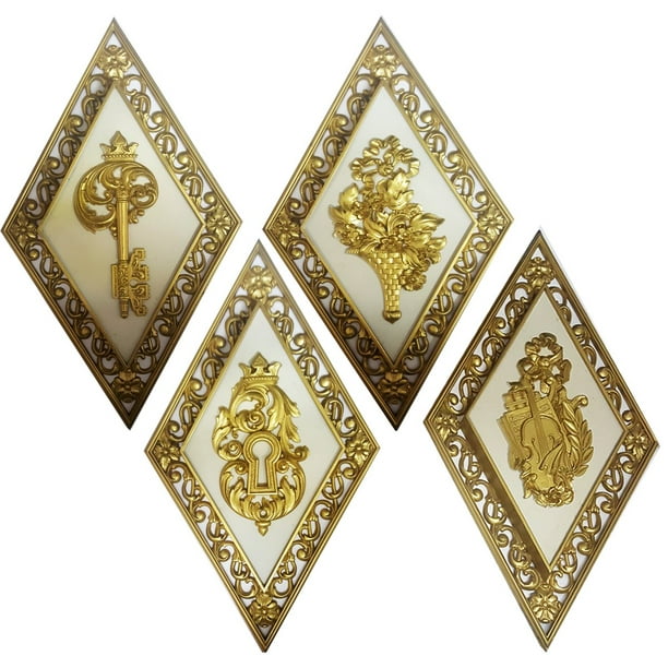 Vintage Syroco Hollywood Regency Diamond Shape Wall Plaques Décor Set Of 4 Com - Vintage Syroco Wood Wall Hanging